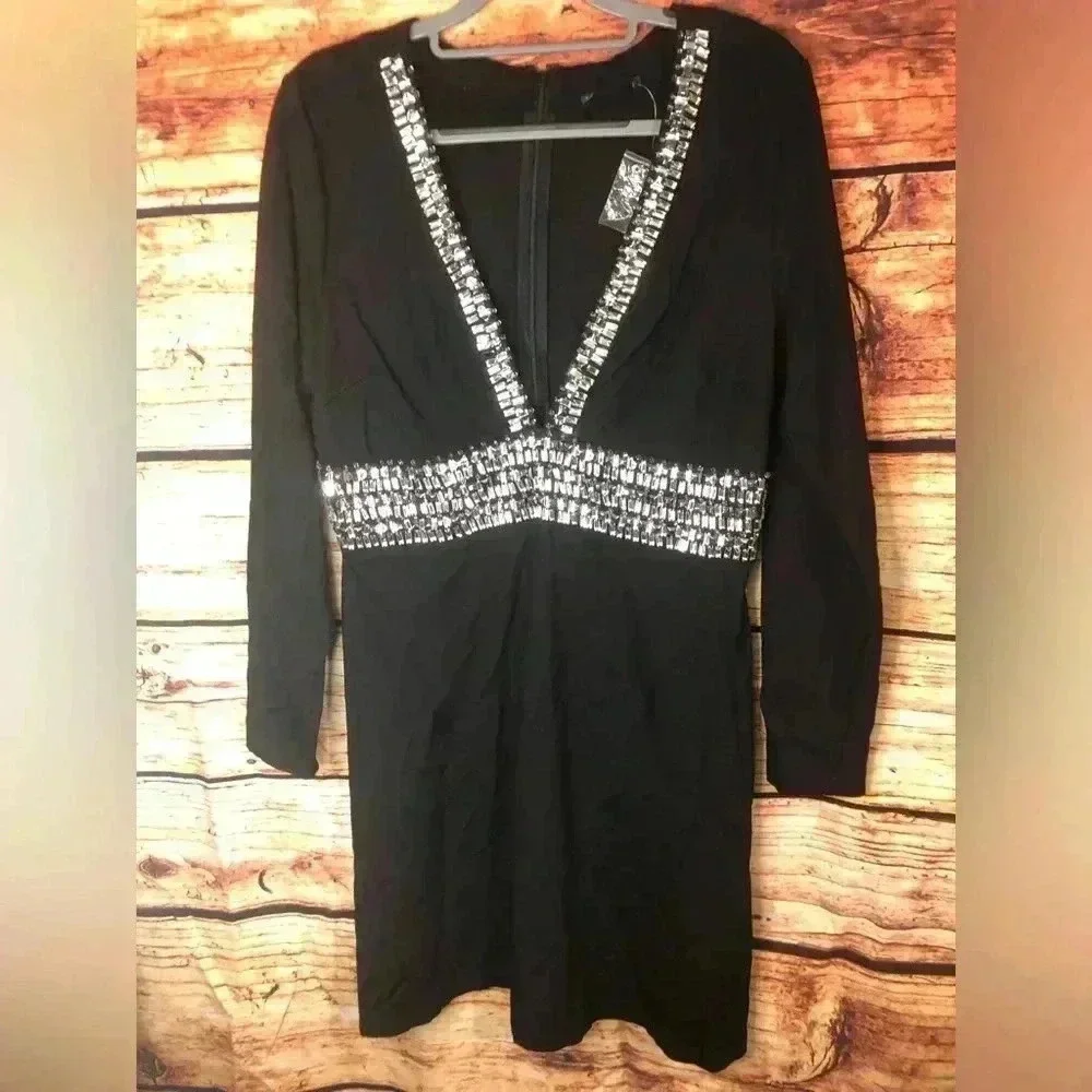 Women’s deep V embellished rhinestone dress with long sleeves